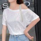 Elbow-sleeve Rhinestone Strap Cold Shoulder Glitter T-shirt