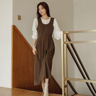 U-neck Pleated Long Overall Dress