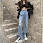 Cutout-waistline Slited Wide-leg Jeans