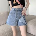 High-waist Mock Two-piece Button-up A-line Denim Mini Skirt