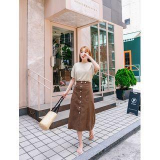 Button-front Dual-pocket A-line Skirt