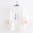 Cat Embroidered Elbow-sleeve Hooded Button-up Jacket
