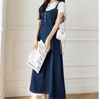 Spaghetti-strap Plain Denim Midi A-line Dress