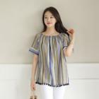 Off-shoulder Tassel-hem Patterned Blouse