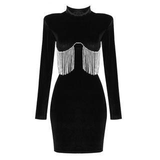 Long-sleeve Fringed Mini Bodycon Dress