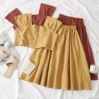 Set: Square-neck Plain Top + Midi Skirt