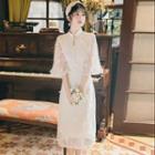 Mandarin Collar Elbow-sleeve Lace Midi Sheath Dress