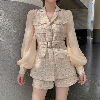 Set: Balloon-sleeve Tweed Blazer + Tweed Shorts