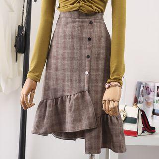 Asymmetric Hem Plaid Mermaid Midi A-line Skirt