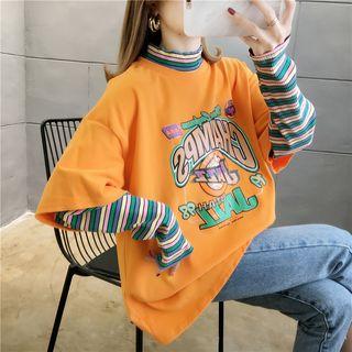 Mock Two-piece Striped-sleeve Lettering T-shirt