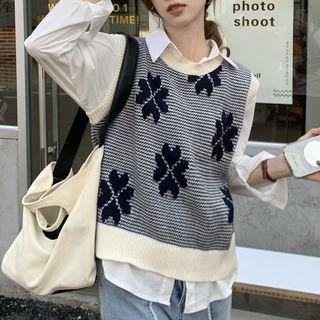 Floral Pattern Striped Sweater Vest / Shirt