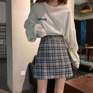 Set: Long Sleeve Letter Print T-shirt + Plaid Mini A-line Skirt
