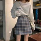 Set: Long Sleeve Letter Print T-shirt + Plaid Mini A-line Skirt