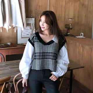 Inset Check Sleeveless Knit Top Shirred Sleeve Blouse Black - One Size