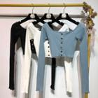 Buttoned Long-sleeve Cropped T-shirt