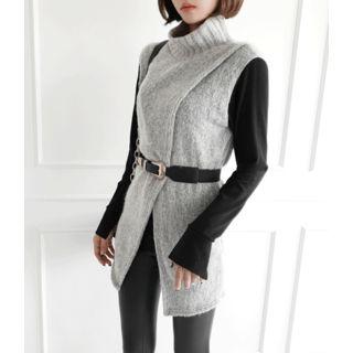 High-neck Contrast-sleeve Slit-front Knit Top