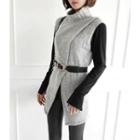 High-neck Contrast-sleeve Slit-front Knit Top