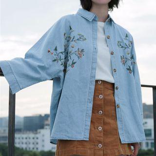 3/4-sleeve Embroidered Denim Shirt Denim Blue - One Size