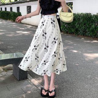 Floral Midi A-line Skirt / Ruffle Cropped Camisole Top