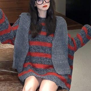 Color-block Striped Long-sleeve Sweater / Plain Hooded Cape