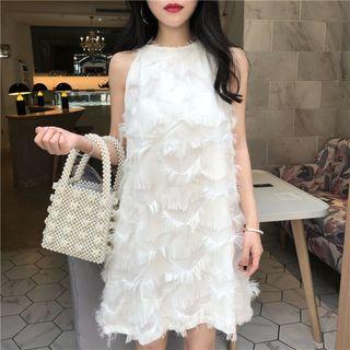 Halter-neck Fringed A-line Dress White - One Size
