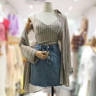 Set: Plaid Camisole Top + Plaid Shirt / Denim Skirt