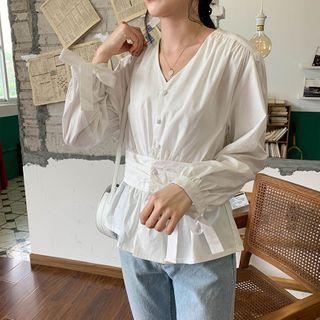 Long-sleeve V-neck Drawstring Plain Blouse