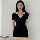 Short-sleeve Polo-neck Contrast Trim Mini Bodycon Dress