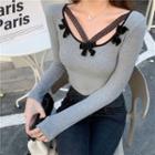 Long-sleeve Lace Trim T-shirt Gray - One Size