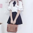 Short-sleeve Ruffle-trim Blouse / Mini Pleated Skirt