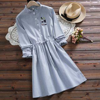 Long-sleeve Embroidered Striped A-line Dress