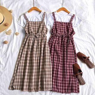 Set: Short-sleeve T-shirt + Plaid A-line Dress