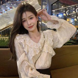 Flared-cuff Faux Pearl Blouse