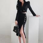Set: Double-breasted Cropped Jacket + Midi Pencil Skirt