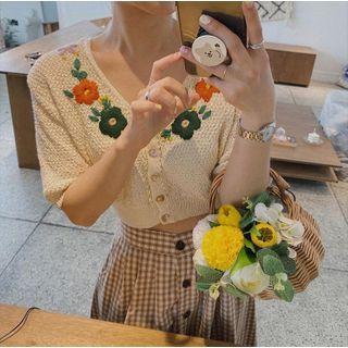 Floral Embroidered Cropped Knit Top Almond - One Size