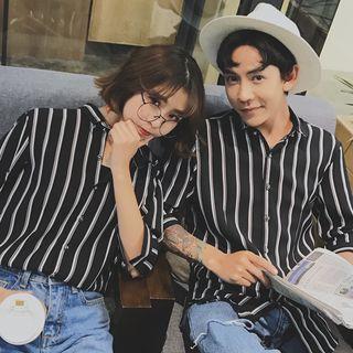 Couple Matching 3/4 Sleeve Stripe Shirt