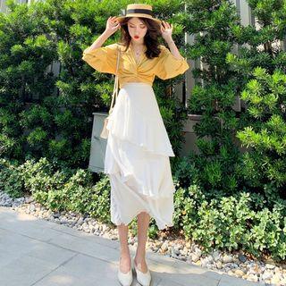 V-neck Cropped Blouse / High Waist Midi Tiered Skirt