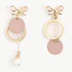 Non-matching Alloy Bow & Disc Faux Pearl Dangle Earring 1 Pair - Pink & Gold - One Size