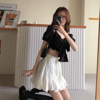 Balloon-sleeve Bow Cropped Blouse / Shirred A-line Skirt