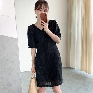 V-neck Puff-sleeve Textured Dress
