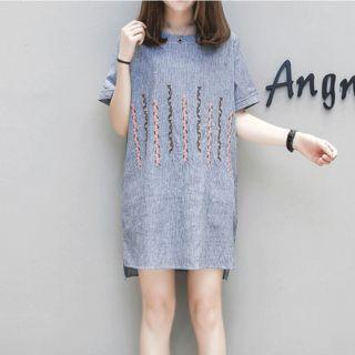 Floral Embroidered Pinstriped Short-sleeve Shift Dress