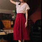 Set: Plain Short-sleeve Blouse + High Waist Midi A-line Skirt