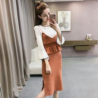 Contrast Trim 3/4 Sleeve Knit Top / Spaghetti Strap Peplum Midi Dress