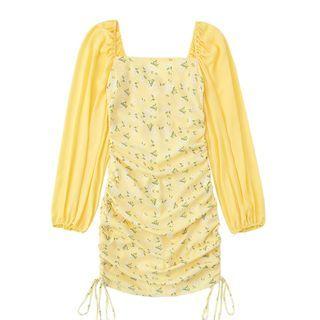Long-sleeve Floral Print Panel Mini Sheath Dress