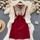 Stand-collar Ruffle Bow Knit A-line Dress