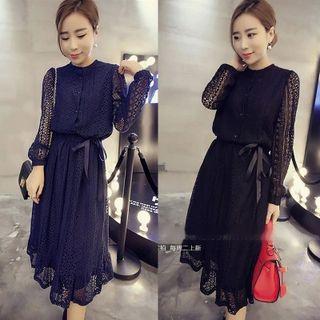 Long-sleeve Tie Waist Lace Dress