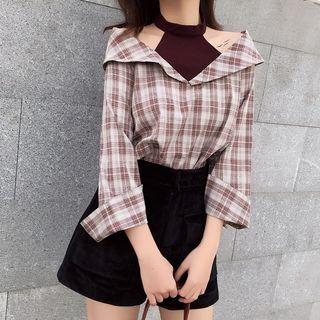Mock-two Check Off-shoulder Long-sleeve Blouse