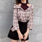Mock-two Check Off-shoulder Long-sleeve Blouse