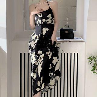 Halter-neck Floral Print Midi A-line Dress White Flowers - Black - One Size