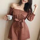 Plain Off-shoulder Single-breasted Lace-up Long-sleeve Jumpsuits